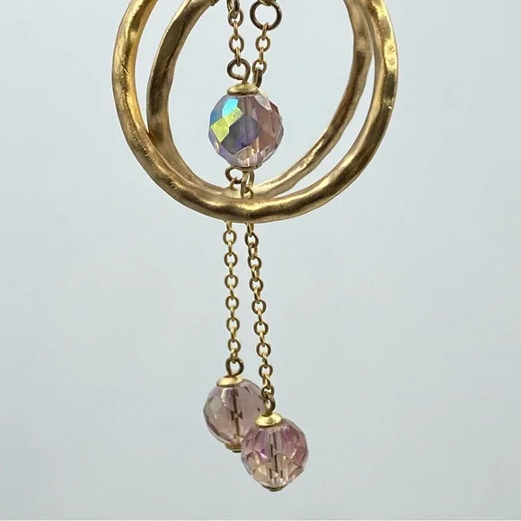 Hammered Gold Tone Hoop Earrings AB Pink Crystal Drop Bohemian Chic Boho Dangle - Picture 4 of 7